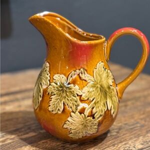 vintage Majolica leaf Pitcher with Leaf Design - Orange and Red